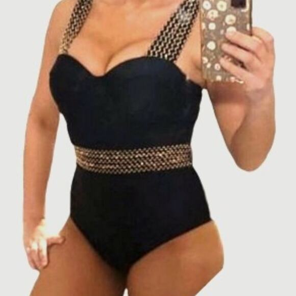 Black Push Up One Piece Swimsuit Sz XL Gold Sequin Wide Strap PUSHUP Padded Luxe - Picture 3 of 16